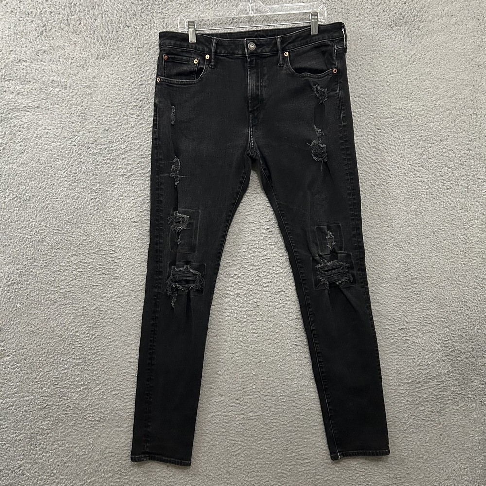American Eagle Jeans Mens 34x36‎ Black Denim Athletic Skinny Distressed Airflex+
